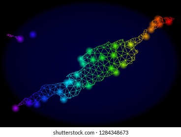 Bright mesh vector map of Anguilla Islands with glare effect. Light spots have bright spectrum colors. Abstract lines, triangles, glare spots on a dark background with map of Anguilla Islands.