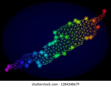 Bright mesh vector map of Anguilla Island with glow effect. Light spots have bright rainbow colors. Abstract lines, triangles, light spots on a dark background with map of Anguilla Island.