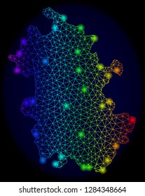 Bright mesh vector map of Anhui Province with glare effect. Light spots have bright spectrum colors. Abstract lines, triangles, light spots on a dark background with map of Anhui Province.