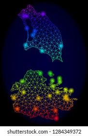 Bright mesh vector map of Antigua and Barbuda with glare effect. Light spots have bright rainbow colors. Abstract lines, triangles, glare spots on a dark background with map of Antigua and Barbuda.