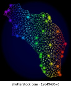 Bright mesh vector map of Argentina - La Rioja with glare effect. Light spots have bright rainbow colors. Abstract lines, triangles, light spots on a dark background with map of Argentina - La Rioja.