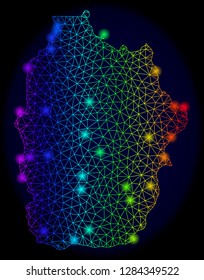 Bright mesh vector map of Azores - Flores Island with glare effect. Light spots have bright spectrum colors. Abstract lines, triangles,