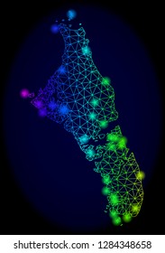 Bright mesh vector map of Bahamas - Andros Island with glare effect. Light spots have bright rainbow colors. Abstract lines, triangles,