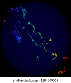 Bright mesh vector map of Bahamas Islands with glare effect. Light spots have bright rainbow colors. Abstract lines, triangles, light spots on a dark background with map of Bahamas Islands.