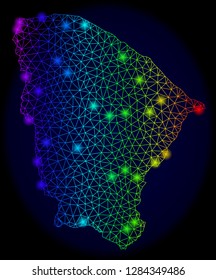 Bright mesh vector map of Ceara state with glow effect. Light spots have bright spectrum colors. Abstract lines, triangles, light spots on a dark background with map of Ceara state.