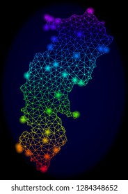 Bright mesh vector map of Chhattisgarh State with glare effect. Light spots have bright spectrum colors. Abstract lines, triangles, light spots on a dark background with map of Chhattisgarh State.