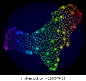 Bright mesh vector map of El Hierro Island with glare effect. Light spots have bright rainbow colors. Abstract lines, triangles, glare spots on a dark background with map of El Hierro Island.