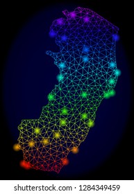 Bright mesh vector map of Espirito Santo State with glow effect. Light spots have bright rainbow colors. Abstract lines, triangles, glare spots on a dark background with map of Espirito Santo State.
