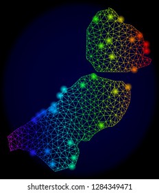 Bright mesh vector map of Flevoland Province with glare effect. Light spots have bright rainbow colors. Abstract lines, triangles, glare spots on a dark background with map of Flevoland Province.