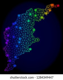Bright mesh vector map of Gotland Island with glare effect. Light spots have bright spectrum colors. Abstract lines, triangles, glare spots on a dark background with map of Gotland Island.