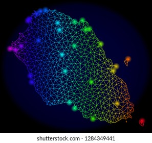 Bright mesh vector map of Graciosa Island with glare effect. Light spots have bright spectrum colors. Abstract lines, triangles, glare spots on a dark background with map of Graciosa Island.