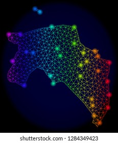 Bright mesh vector map of Groningen Province with glare effect. Light spots have bright rainbow colors. Abstract lines, triangles, light spots on a dark background with map of Groningen Province.