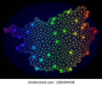 Bright mesh vector map of Guangxi Province with glow effect. Light spots have bright spectrum colors. Abstract lines, triangles, glare spots on a dark background with map of Guangxi Province.