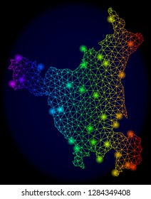 Bright mesh vector map of Haryana State with glow effect. Light spots have bright spectrum colors. Abstract lines, triangles, glare spots on a dark background with map of Haryana State.