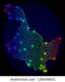 Bright mesh vector map of Heilongjiang Province with glare effect. Light spots have bright spectrum colors. Abstract lines, triangles,