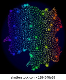 Bright mesh vector map of Hunan Province with glare effect. Light spots have bright spectrum colors. Abstract lines, triangles, light spots on a dark background with map of Hunan Province.