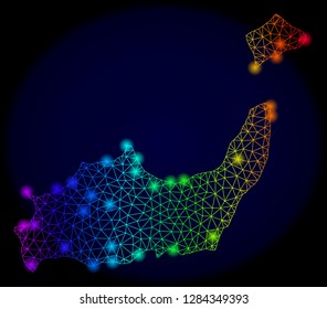 Bright mesh vector map of Inagua Islands with glare effect. Light spots have bright rainbow colors. Abstract lines, triangles, glare spots on a dark background with map of Inagua Islands.