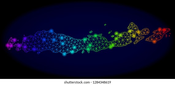 Bright mesh vector map of Indonesia - Flores Islands with glow effect. Light spots have bright rainbow colors. Abstract lines, triangles,