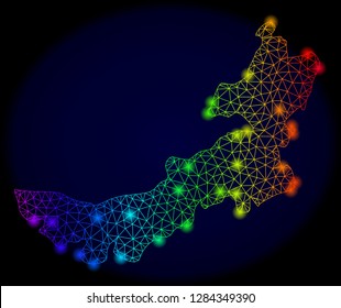 Bright mesh vector map of Inner Mongolia with glare effect. Light spots have bright spectrum colors. Abstract lines, triangles, light spots on a dark background with map of Inner Mongolia.