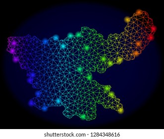 Bright mesh vector map of Jharkhand State with glow effect. Light spots have bright rainbow colors. Abstract lines, triangles, light spots on a dark background with map of Jharkhand State.