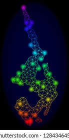 Bright mesh vector map of Koh Phi Leh with glare effect. Light spots have bright spectrum colors. Abstract lines, triangles, light spots on a dark background with map of Koh Phi Leh.