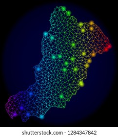 Bright mesh vector map of La Graciosa Island with glare effect. Light spots have bright rainbow colors. Abstract lines, triangles, light spots on a dark background with map of La Graciosa Island.