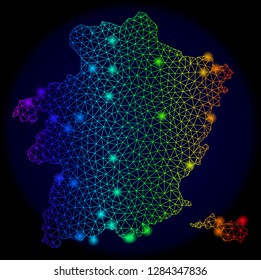 Bright mesh vector map of Limburg Province with glare effect. Light spots have bright rainbow colors. Abstract lines, triangles, light spots on a dark background with map of Limburg Province.