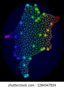 Bright mesh vector map of Maranhao State with glare effect. Light spots have bright spectrum colors. Abstract lines, triangles, light spots on a dark background with map of Maranhao State.