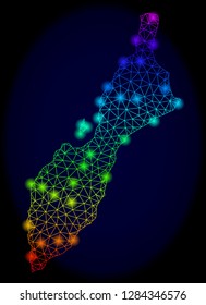 Bright mesh vector map of Masirah Island with glow effect. Light spots have bright rainbow colors. Abstract lines, triangles, glare spots on a dark background with map of Masirah Island.