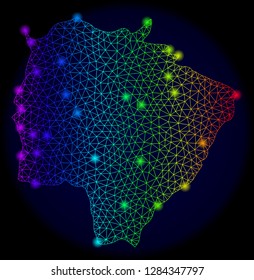 Bright mesh vector map of Mato Grosso do Sul State with glare effect. Light spots have bright spectrum colors. Abstract lines, triangles,