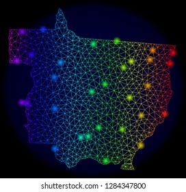 Bright mesh vector map of Mato Grosso State with glare effect. Light spots have bright spectrum colors. Abstract lines, triangles, glare spots on a dark background with map of Mato Grosso State.