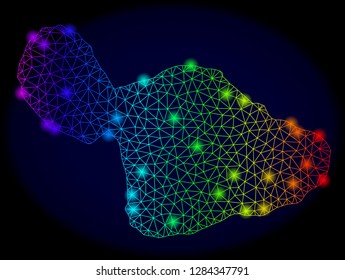 Bright mesh vector map of Maui Island with glare effect. Light spots have bright rainbow colors. Abstract lines, triangles, light spots on a dark background with map of Maui Island.