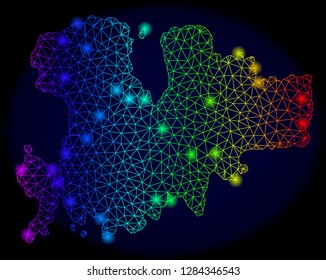 Bright mesh vector map of Mykonos Island with glow effect. Light spots have bright rainbow colors. Abstract lines, triangles, light spots on a dark background with map of Mykonos Island.