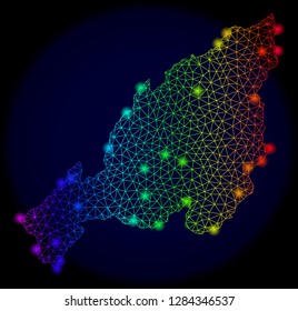 Bright mesh vector map of Nagaland State with glow effect. Light spots have bright spectrum colors. Abstract lines, triangles, glare spots on a dark background with map of Nagaland State.