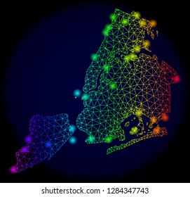Bright mesh vector map of New York City with glare effect. Light spots have bright rainbow colors. Abstract lines, triangles, light spots on a dark background with map of New York City.
