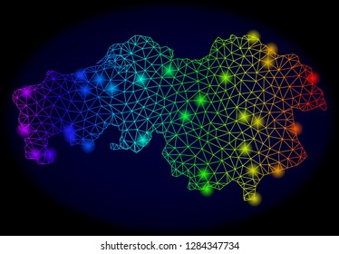Bright mesh vector map of North Brabant Province with glare effect. Light spots have bright rainbow colors. Abstract lines, triangles,