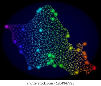 Bright mesh vector map of Oahu Island with glare effect. Light spots have bright rainbow colors. Abstract lines, triangles, glare spots on a dark background with map of Oahu Island.