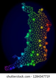 Bright mesh vector map of Osaka Prefecture with glow effect. Light spots have bright rainbow colors. Abstract lines, triangles, glare spots on a dark background with map of Osaka Prefecture.