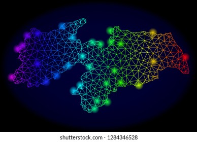 Bright mesh vector map of Paraiba State with glow effect. Light spots have bright rainbow colors. Abstract lines, triangles, light spots on a dark background with map of Paraiba State.