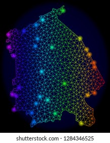 Bright mesh vector map of Pavlodar Region with glare effect. Light spots have bright spectrum colors. Abstract lines, triangles, glare spots on a dark background with map of Pavlodar Region.