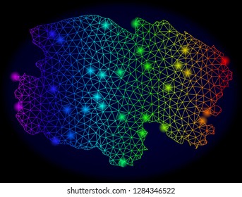 Bright mesh vector map of Qinghai Province with glow effect. Light spots have bright spectrum colors. Abstract lines, triangles, light spots on a dark background with map of Qinghai Province.