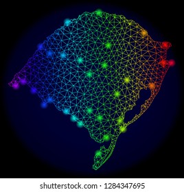 Bright mesh vector map of Rio Grande do Sul State with glare effect. Light spots have bright rainbow colors. Abstract lines, triangles,