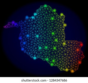 Bright mesh vector map of Rondonia State with glare effect. Light spots have bright spectrum colors. Abstract lines, triangles, glare spots on a dark background with map of Rondonia State.