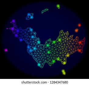 Bright mesh vector map of Saint Barthelemy with glow effect. Light spots have bright rainbow colors. Abstract lines, triangles, light spots on a dark background with map of Saint Barthelemy.