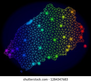 Bright mesh vector map of Saint Helena Island with glare effect. Light spots have bright spectrum colors. Abstract lines, triangles, flash spots on a dark background with map of Saint Helena Island.