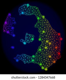 Bright mesh vector map of Santorini Island with glare effect. Light spots have bright spectrum colors. Abstract lines, triangles, glare spots on a dark background with map of Santorini Island.