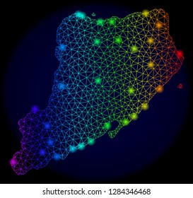 Bright mesh vector map of Staten Island with glow effect. Light spots have bright rainbow colors. Abstract lines, triangles, light spots on a dark background with map of Staten Island.