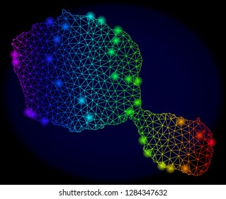 Bright mesh vector map of Tahiti Island with glare effect. Light spots have bright spectrum colors. Abstract lines, triangles, glare spots on a dark background with map of Tahiti Island.