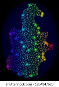 Bright mesh vector map of Tianjin Municipality with glare effect. Light spots have bright rainbow colors. Abstract lines, triangles, flash spots on a dark background with map of Tianjin Municipality.