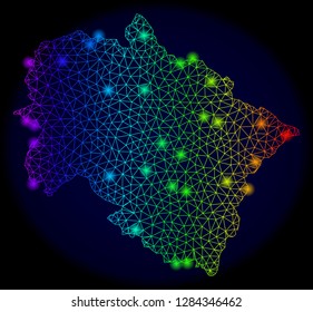 Bright mesh vector map of Uttarakhand State with glow effect. Light spots have bright spectrum colors. Abstract lines, triangles, light spots on a dark background with map of Uttarakhand State.